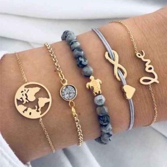 Turtle/World Map/Marble 5-Piece Bracelet Set - Picture 5 of 8